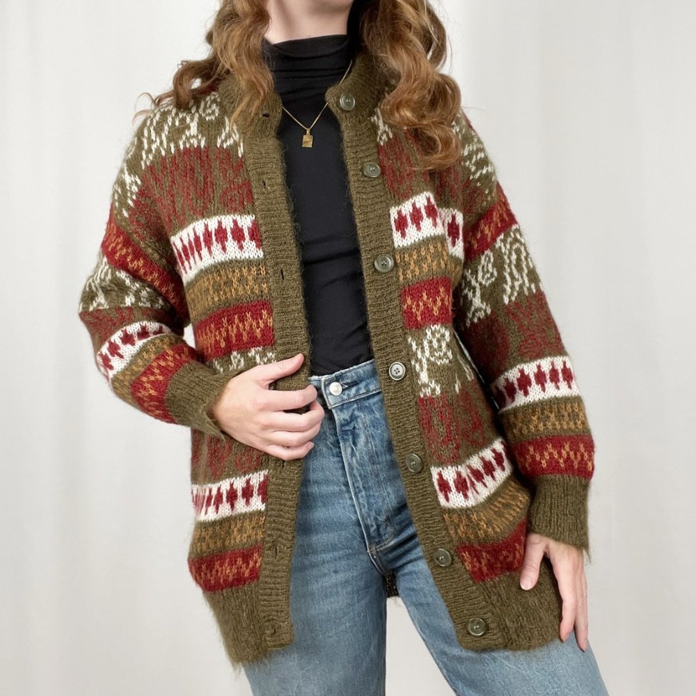 Vintage Oversized Mohair Wool Nordic Fair Isle Knit Christmas Cardigan Sweater - Picture 8 of 8